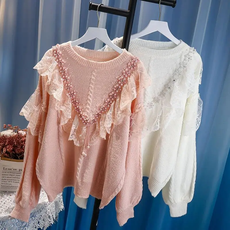

2021 Spring Autumn New Women Heavy Industry Beaded Stitching Lace Long Sleeve Round Neck Slim Knitted Pullover Sweaters Y569