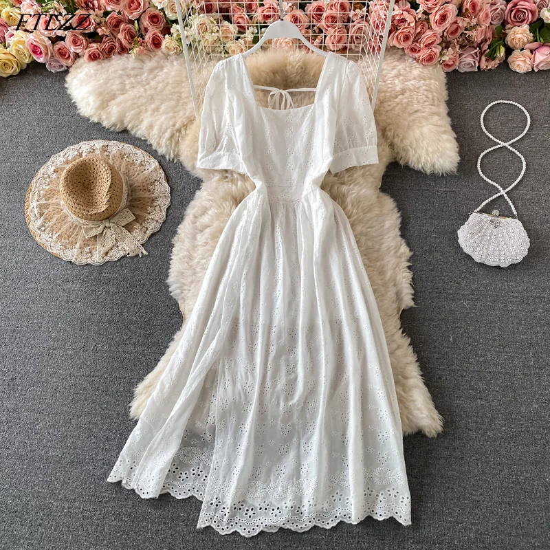 

FTLZZ весенние бандажные платья с квадратным воротником женские желтые элегантные с коротким рукавом женские пляжные платья с разрезом