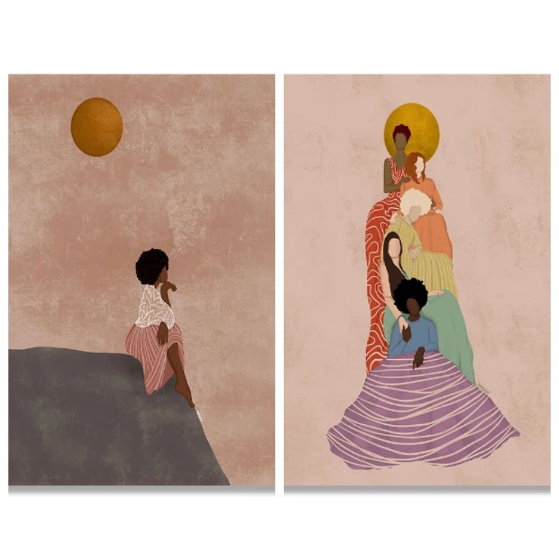 

Wall Art Canvas Painting Black Women Abstract Landscape Sun Poster Picture Print Boho Style Nordic Room for Home Decoration