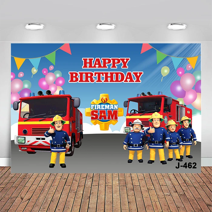 Fireman Sam Backdrop Kids Birthday Party Photography Banner Fire Truck Balloon Flag Vinyl Photo Background Props