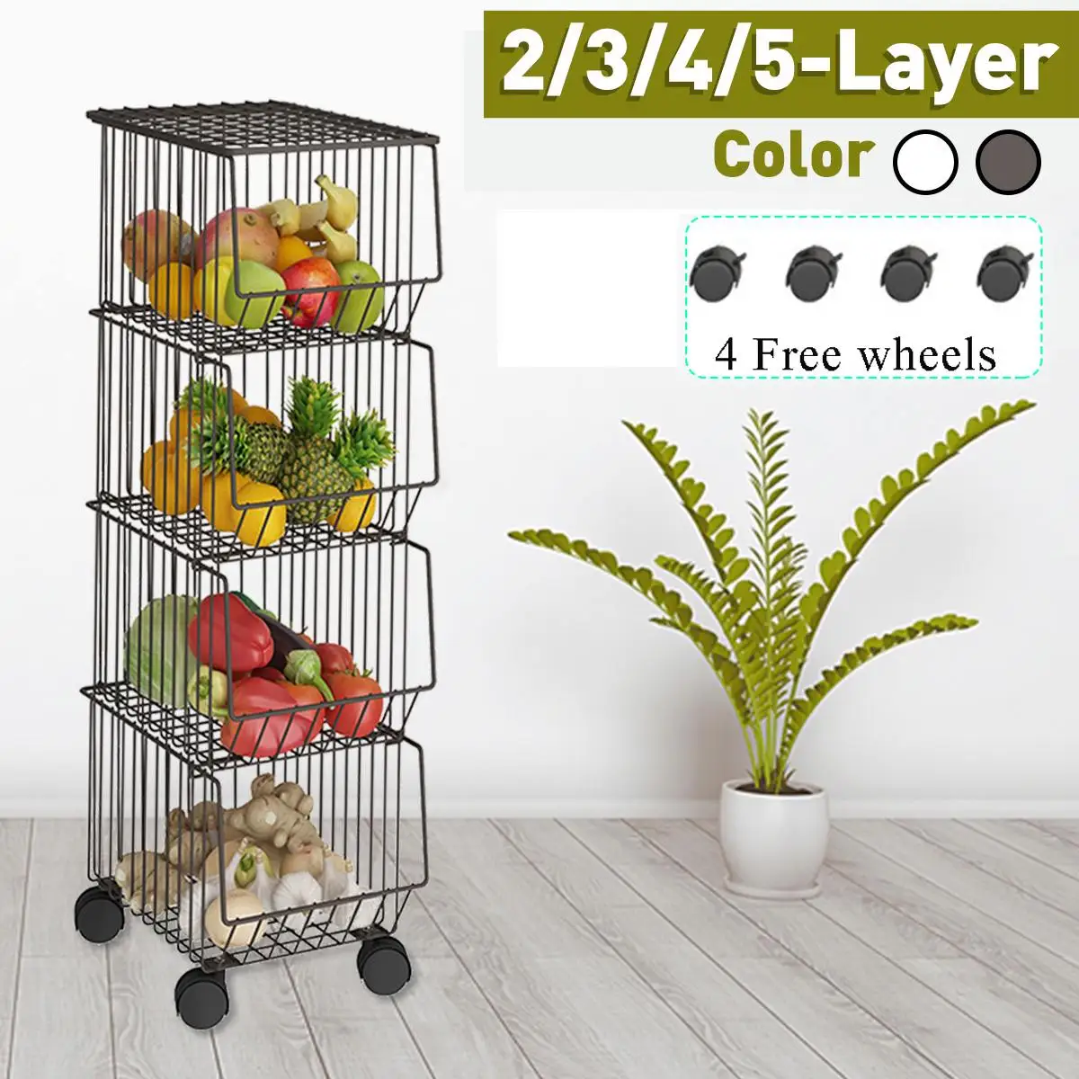 

2/3/4/5 Tier Metal Rolling Cart Snakcs Organizer Fruit Vegetable Basket Stand Storage Rack Mobile Shelving Kitchen Utility Cart
