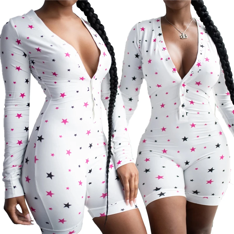 

NEW Women's Deep V-neck High Waist Romper Casual Star Printing Playsuit Tight Long Sleeve Button Clothing One Piece Homewear