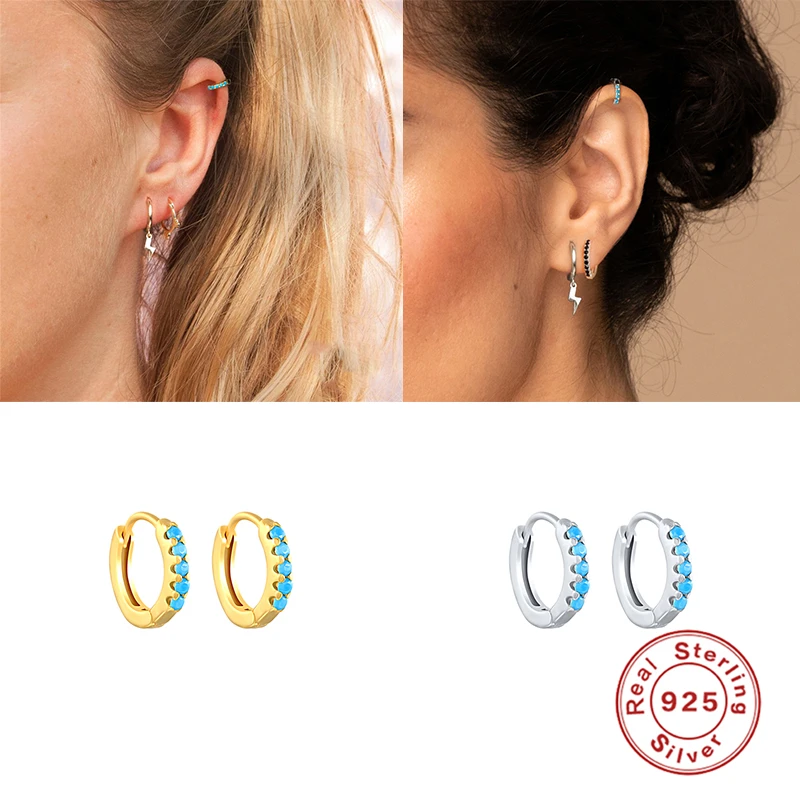 

925 Sterling Silver Hoop Earrings Charming Snake Vintage Turquoise Zircon Huggies Earring Stud Piercing Pendientes For Girls