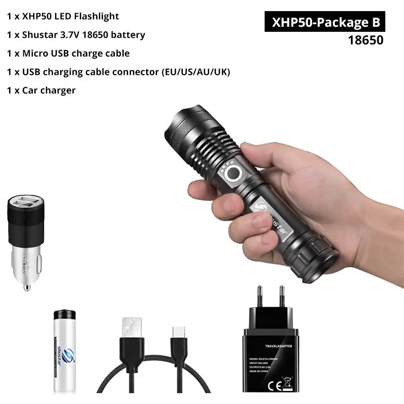 XHP50-18650-B Мощный светодиодный фонарик с XHP 70,2, лампа с бусинами, масштабируемый, 3 режима освещения, светодиодный фонарь, поддержка для Mircro зарядки, Охотничья лампа - Испускаемый цвет: XHP50-18650-B