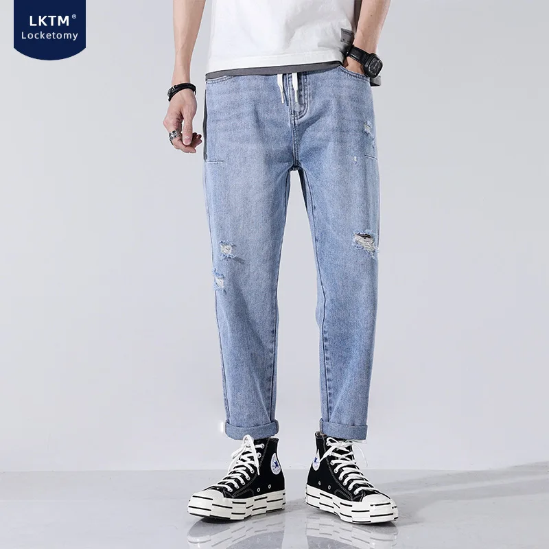 

2021 New Summer Ripped Denim Male Korean Style Trendy Washed Light-Colored Loose Straight Elastic Waist Nine-Point Pants