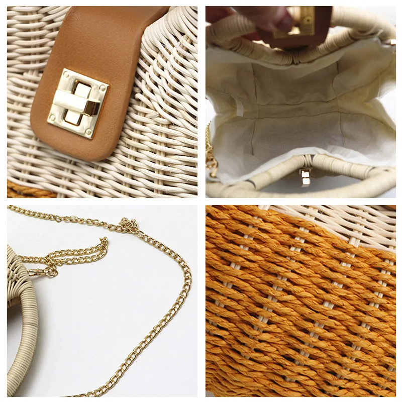 

Fashion Round Straw Bag Summer Shoulder Bag Pearl Chain Crossbody Female Bags Designer Brand Handbags High Quality Luxury Purse