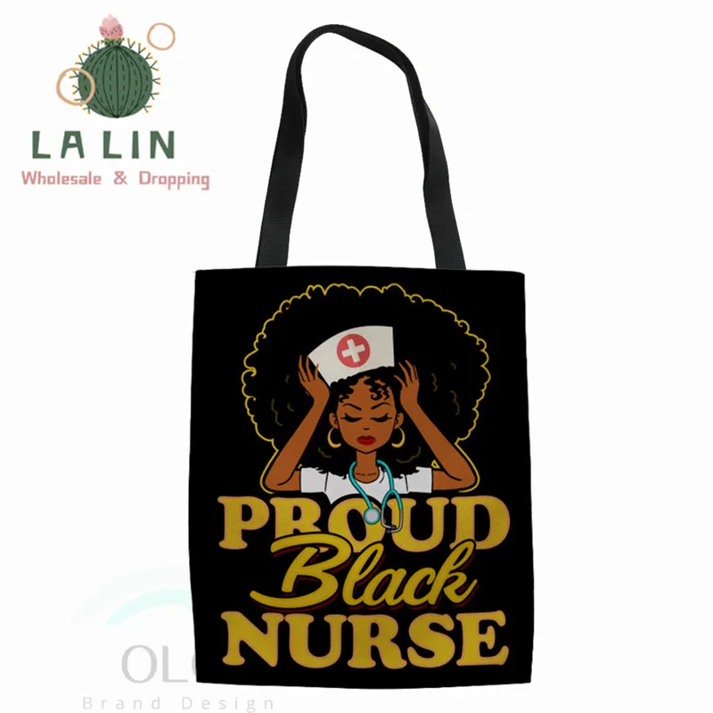Мультяшная черная сумка тоут для медсестер и девушек LALIN с принтом женщин Льняная