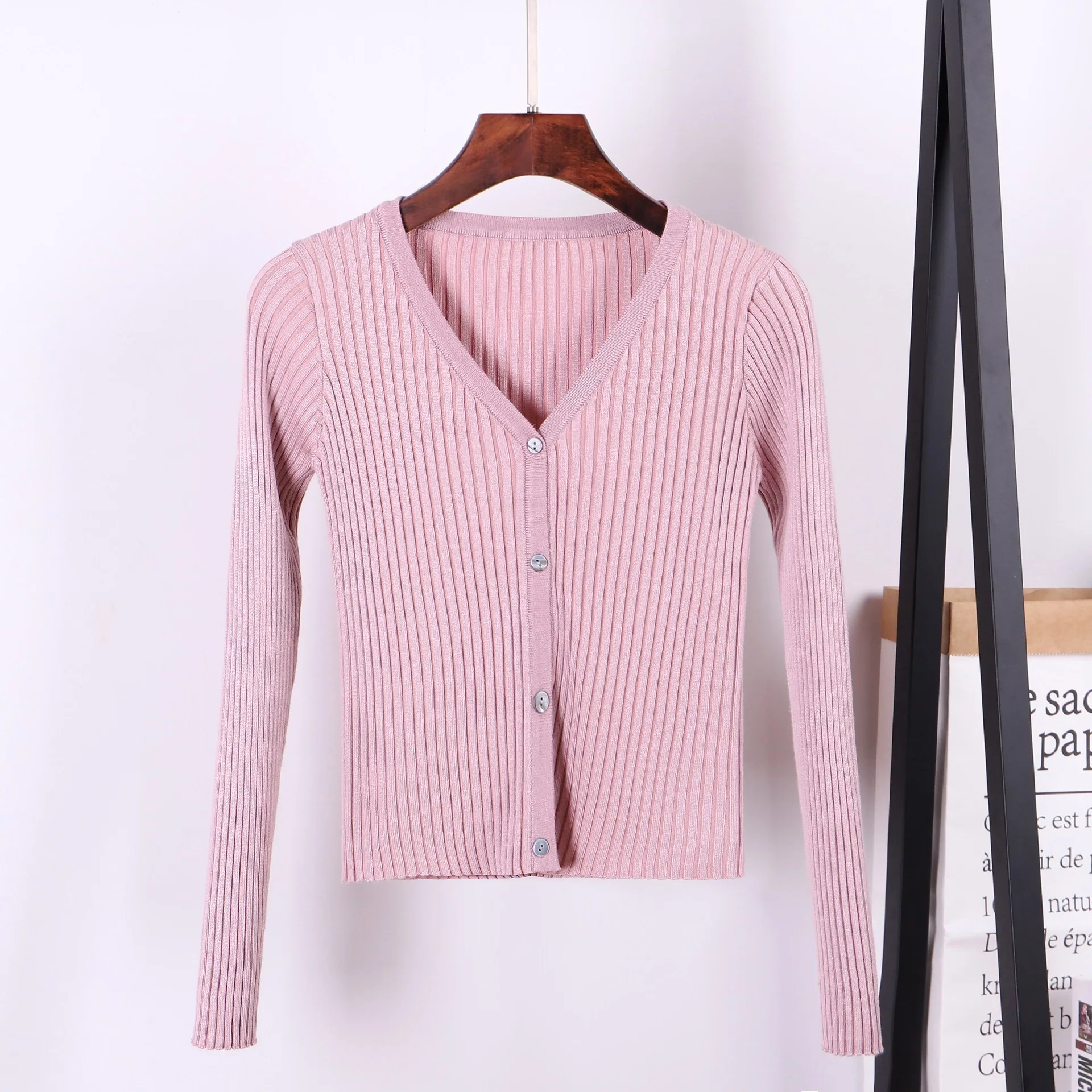 Весенний облегающий Женский вязаный кардиган с V образным вырезом укороченный