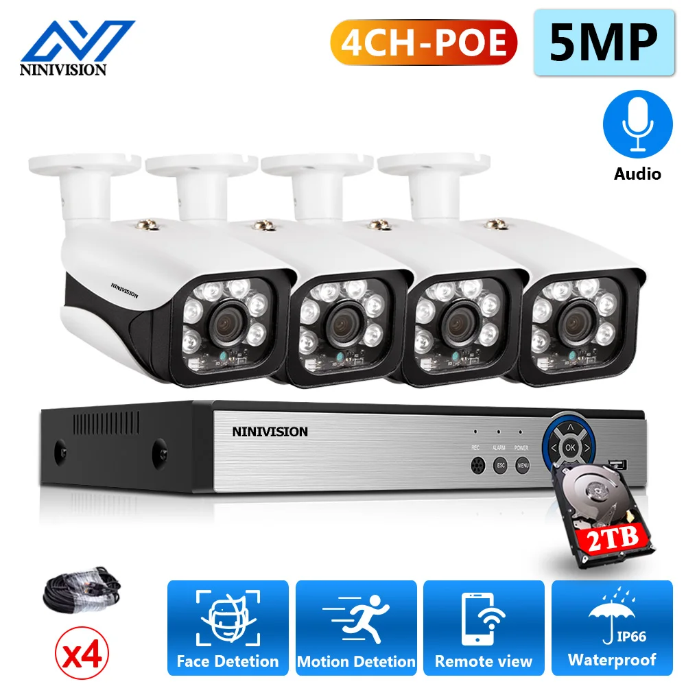 

NINIVISION Audio AI Face-Record Detection H.265 4CH Super HD 5MP POE NVR Security Camera System kit Outdoor IP66 Waterproof