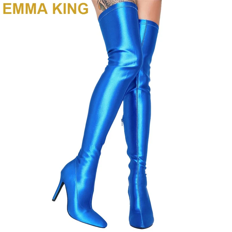 Женские облегающие сапоги выше колена синие/черные с острым носком на шпильке