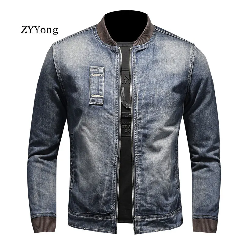 ZYYong autumn and winter men's bomber jacket casual Slim plus velvet padded baseball collar zipper jacket men's denim jacket