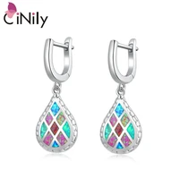 cinily rainbow fire opal dangle earrings with stone silver plated multi color water tear drop earring vintage jewelry woman girl