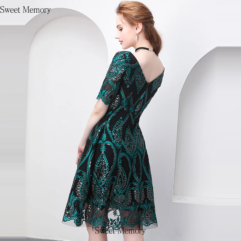 

Sweet Memory Women Short Sleeve V-Neck Green Cocktail Dresses Bling Sequined Short Party Robe