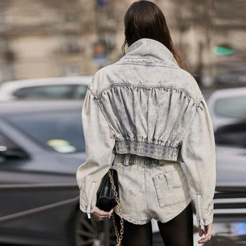 

Women's Short Jeans Jacket Denim Zipper Crop Coat Tops Adjustable Waist Vintage Slim Female Jackets 2020 Autumn New Outwear Girl