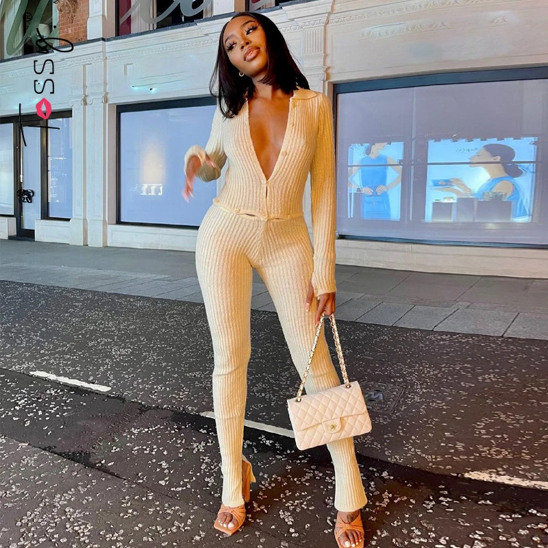 

Tossy Skinny Two Piece Set Women Knit V-Neck Long Sleeve Top And Pants Female Jumpsuits 2 Piece Outfits Sexy Femme Matching Sets