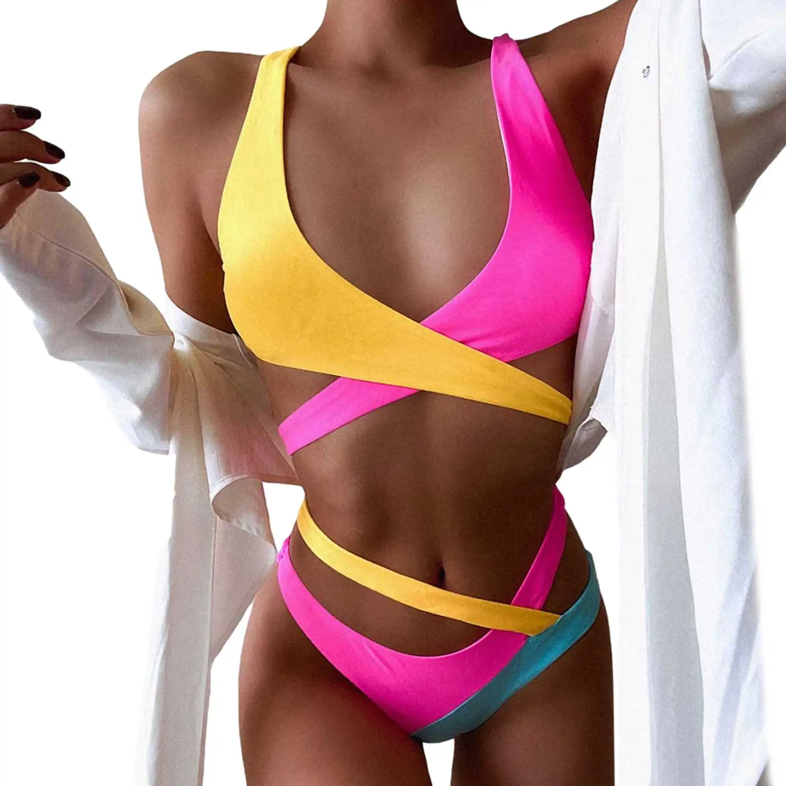 

Ladies Bikini Color Block Swimsuit Bandage Swimsuit Sexy Bright European And American Cross Swimwear Swimming Supplies