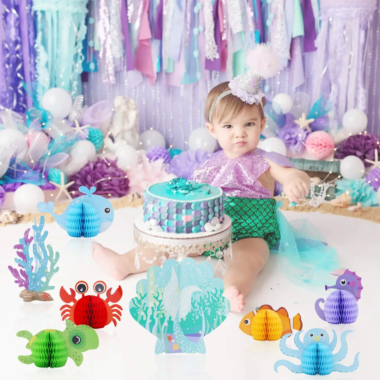 Kit de Verano de La sirenita para ni&ntilde;os y ni&ntilde;as, set de fiesta de cumplea&ntilde;os bajo el mar, Bola de nido de cumplea&ntilde;os DIY, tema de fiesta de beb&eacute;-1