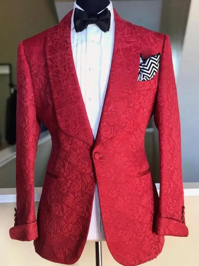 

2021 Costume Homme New Arrivel Red Pattern Men Suit Single Button Wedding Groomsman Shawl Lapel Groom Tuxedo Men's Jacket Only