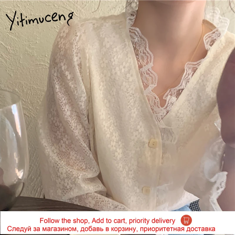 

Yitimuceng Blouse Woman Oversized Lace Hook Flower Tops Fashion Long Sleeve Button Up Shirt Solid Apricot 2021 Spring Summer New