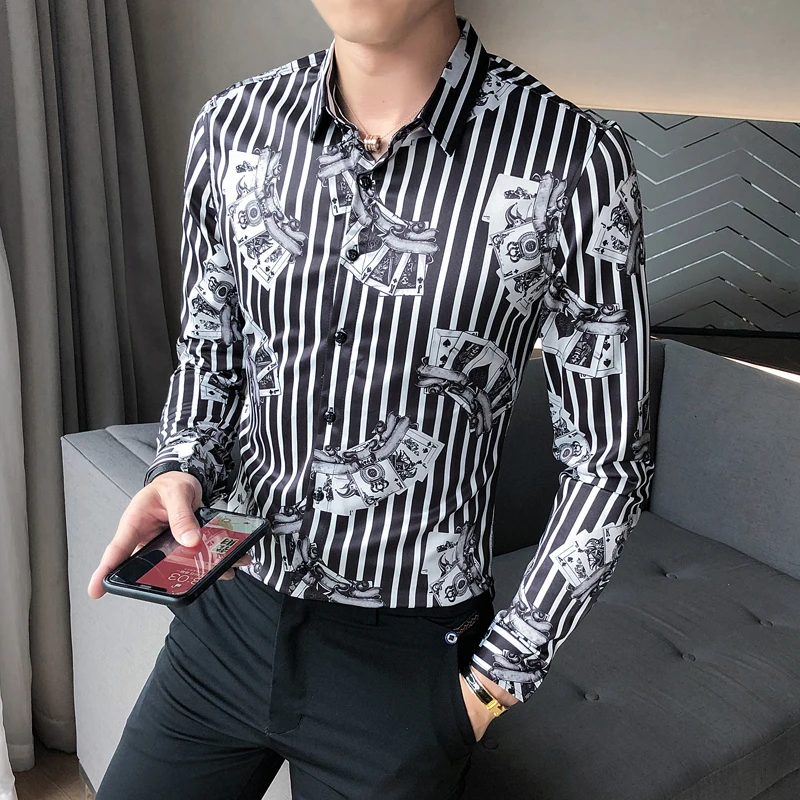

Men's 2021 New Striped Shirts Poker Print Long Sleeve Chemise Homme Casual Men Clothing Slim Fit Blouse Homme Korean Streetwear