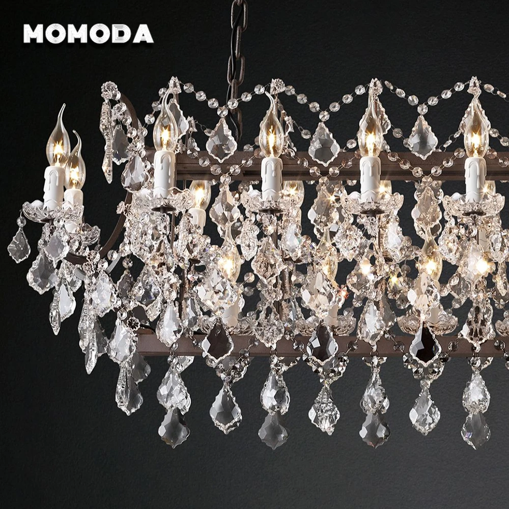 

19th C. Rococo Iron & Crystal Chandeliers Rectangular Crystal Lighting Candles Suspension Lamp Home Decoration