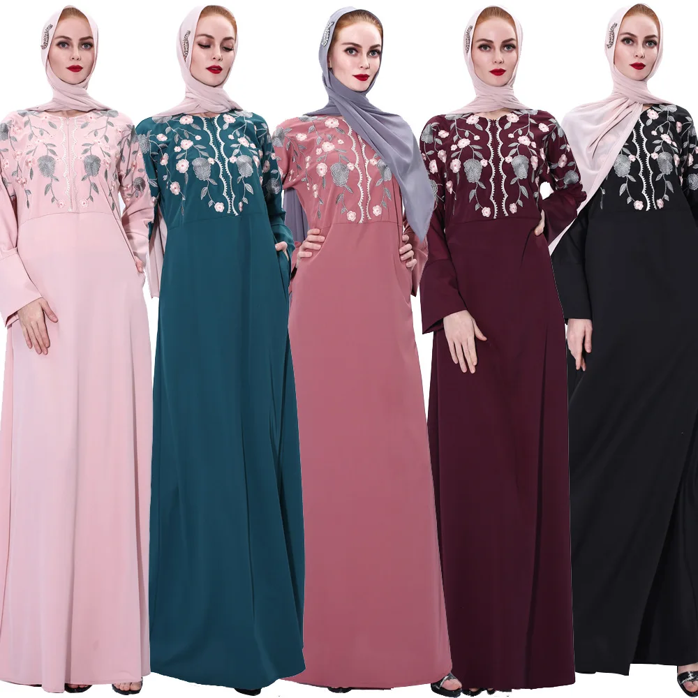 ИД Рамадан мусульманское платье с вышивкой женское платье с длинным рукавом абайя исламский арабский халат Макси открытая молния турецкий ...