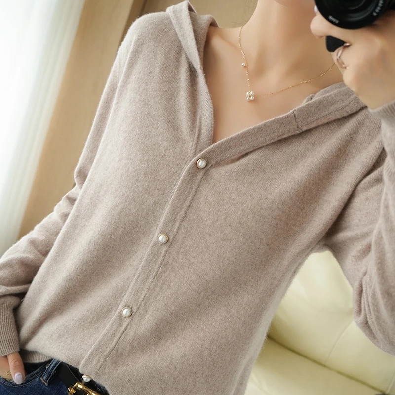 

Cashmere Hooded Cardigan Women's Loose Hoodie Sweater Women's Autumn/Winter 2020 V-neck 100% Pure Wool Sweater Knitted Jacket