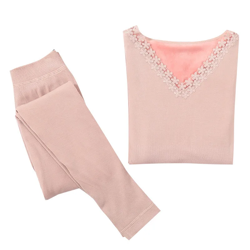 

New Autumn and Winter Women's Seamless Solid Color Round Neck Plus Velvet Thermal Underwear Set Camiseta Interior Termica Mujer