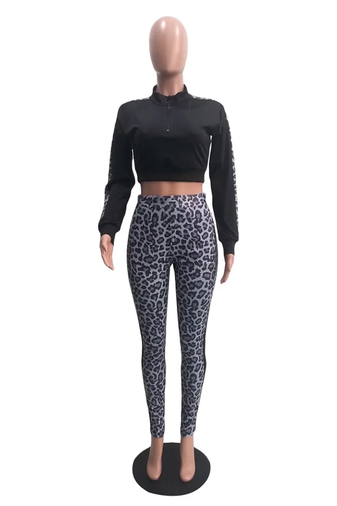 Женский леопардовый комплект из двух предметов элегантный спортивный костюм с