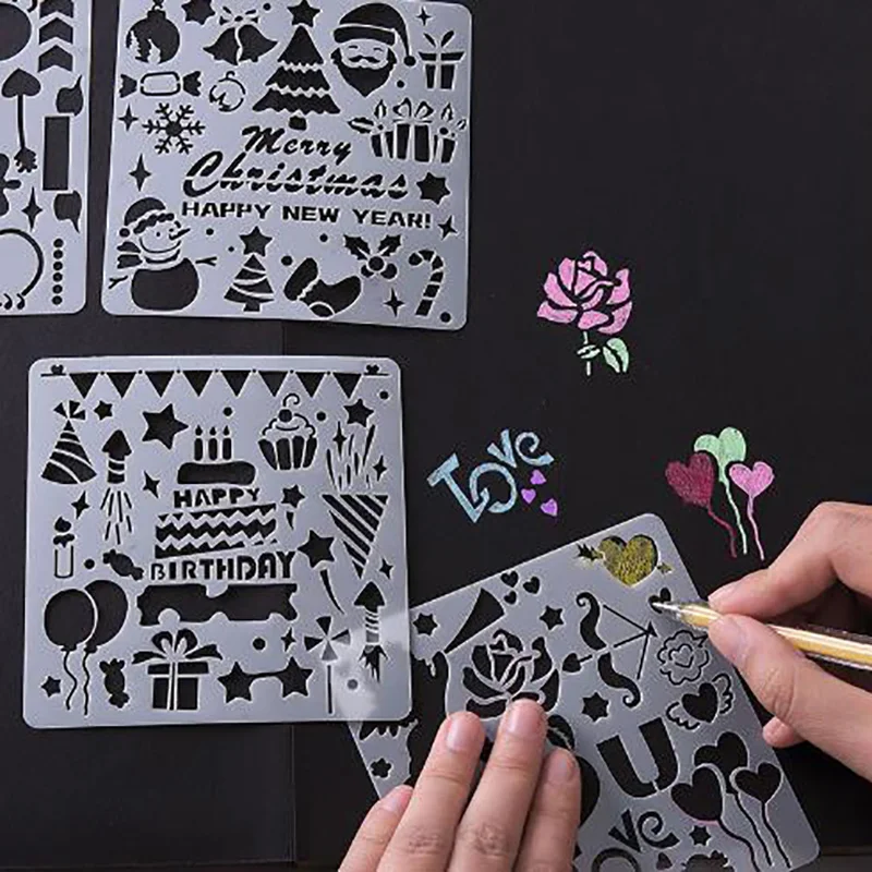 

5Pcs Children DIY Cutout Painting Template Hand Account Album Theme Lace Ruler Drawing Board Mold Decoration Tool