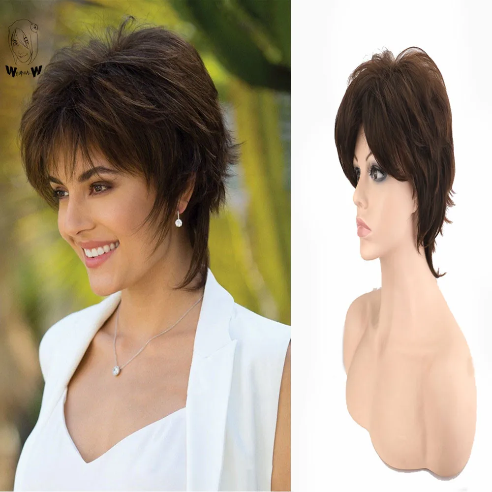 

WHIMSICAL WWomen Synthetic Mixed Brown Short Wigs Bangs Fluffy Layered Straight Mixed Color Heat Resistant Short Hair Wig