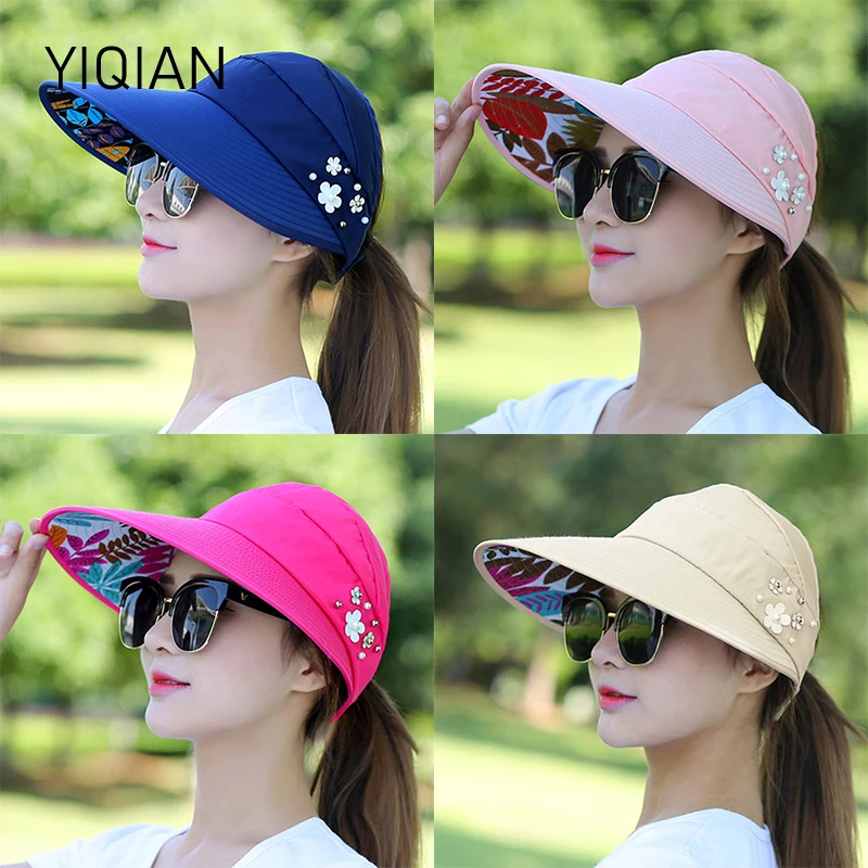 

2022 new unisex summer hat ladies foldable sun hat pearl flower shade sunscreen floppy hat outdoor leisure baseball cap tide