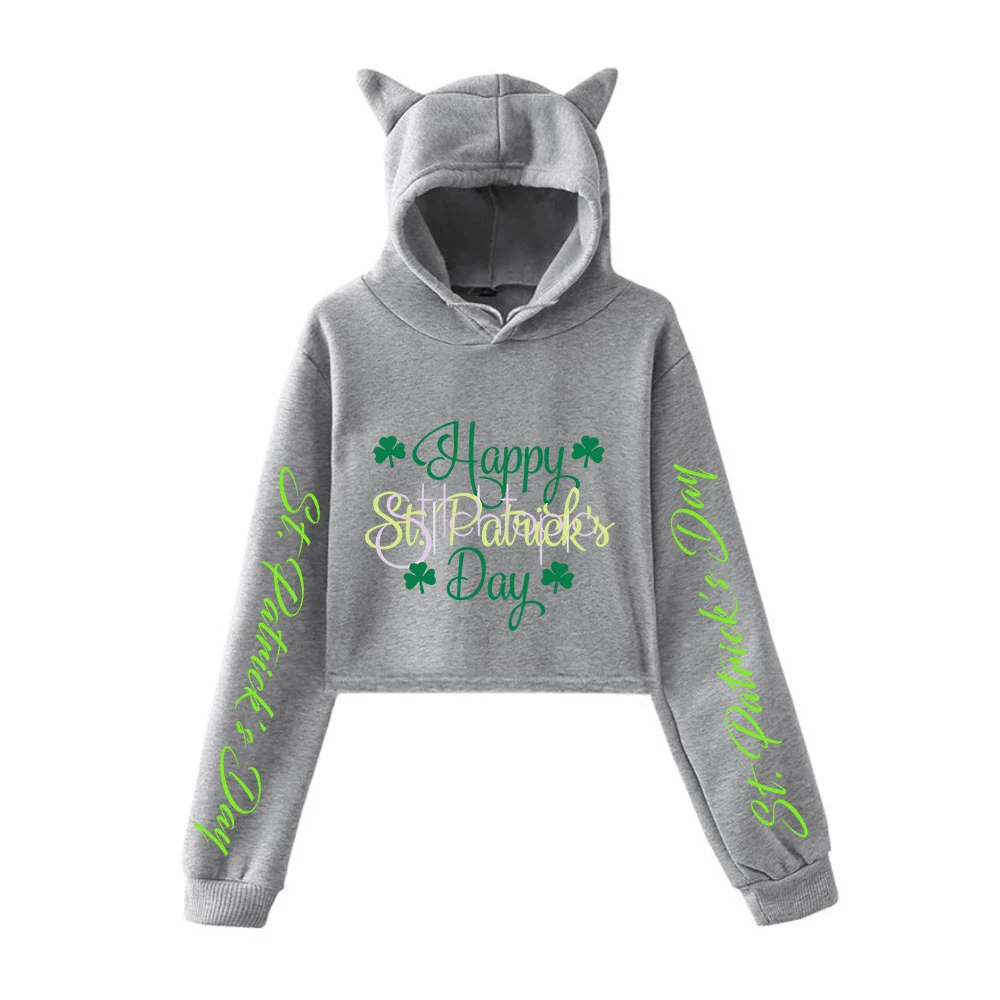 

St. Patrick's Day Printed Cat Cropped Hoodies Women Long Sleeve Hooded Pullover Crop Tops Hot Sale Casual Streetwear Clothes