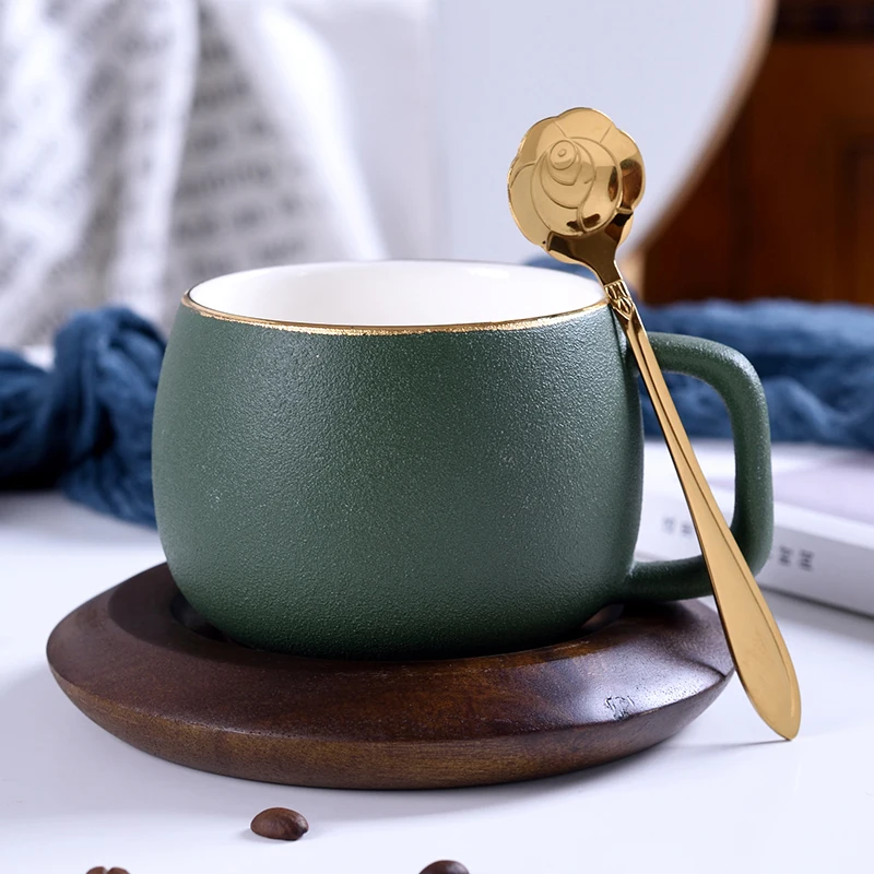 European-style Ceramic Coffee Cup and Saucer Set Wooden Tray Gold Spoon Simple Afternoon Tea Home Decoration Accessories | Дом и сад