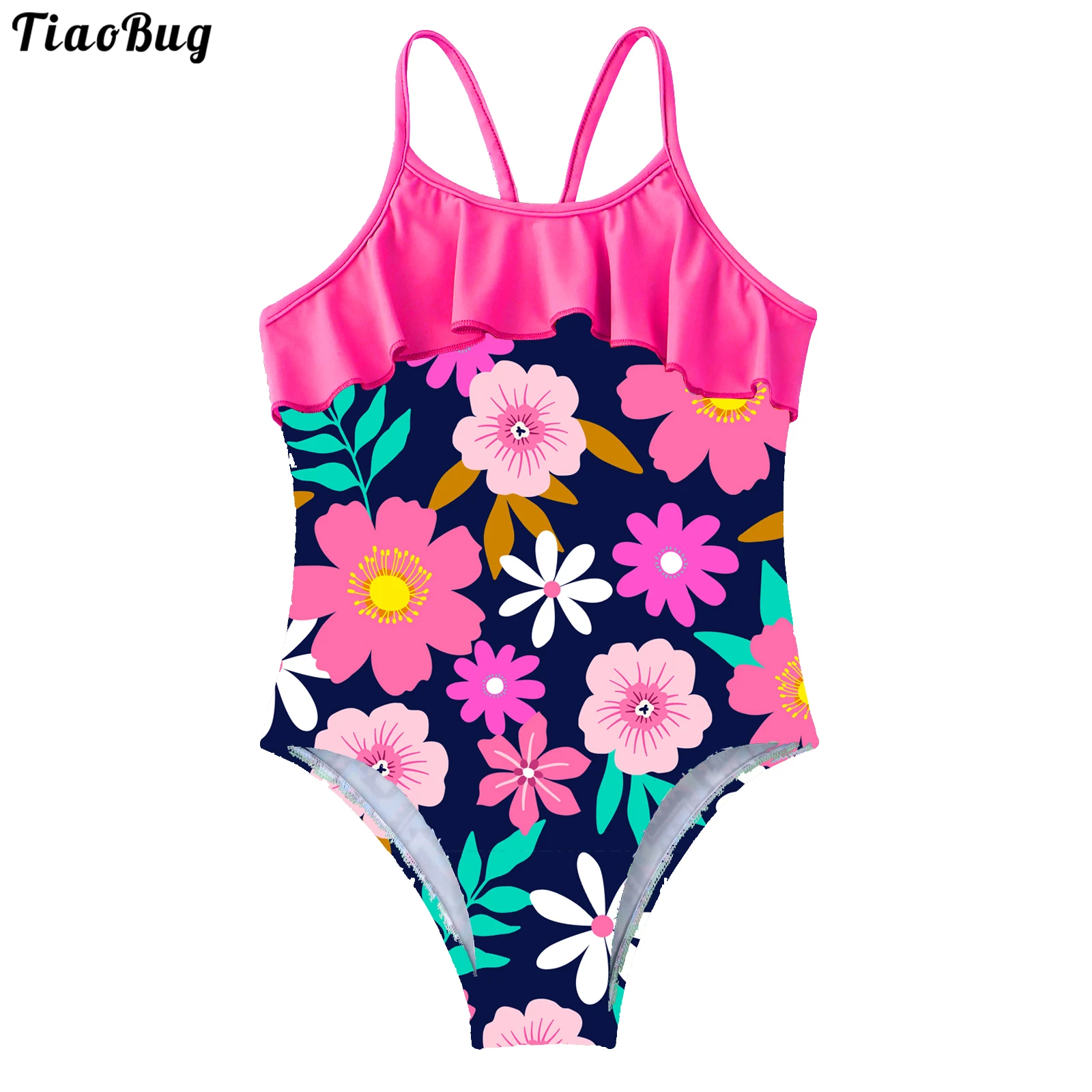 

TiaoBug Summer Kids Girls One-Piece Swimming Suit Straps Hollow Out Ruffle Trim Jumpsuit Bodysuit Beach Bathing Swimwear