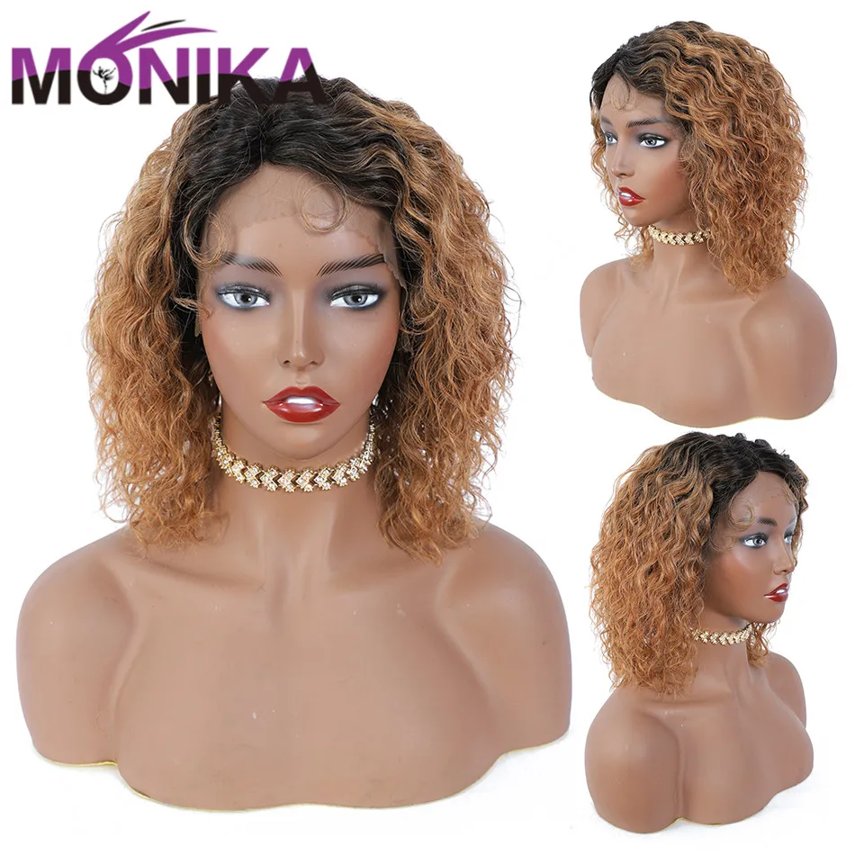 Monika Pre Plucked Brazilian Water Wave Black Ombre Color Human Hair T Part Lace Wig  150%  12inch Non-Remy Hair Wigs