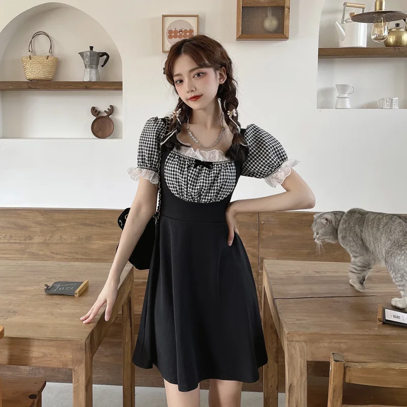 

Plaid Stitching Short Dress French Style Square Collar Ruff Short Sleeved High Waist Slim Style for Summer Holiday FS99