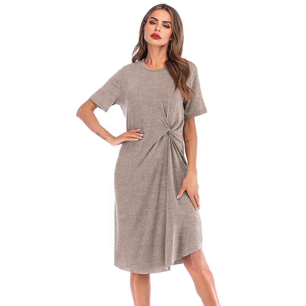 

Pullover Dress Summer Urban Short Sleeve Long Basic Khaki Sundress Kink Vintage Solid Rowan Irregular Crew Neck Women's Clothing
