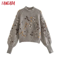 tangada women beading flowers turtleneck sweater jumper female elegant oversize pullovers chic tops 3l68