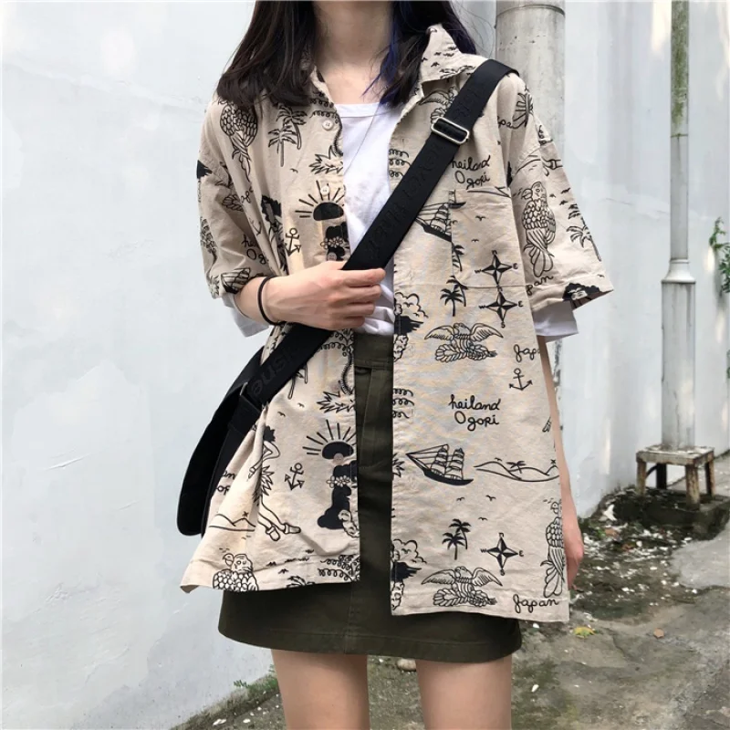 Летняя свободная винтажная рубашка Ulzzang с коротким рукавом женские летние