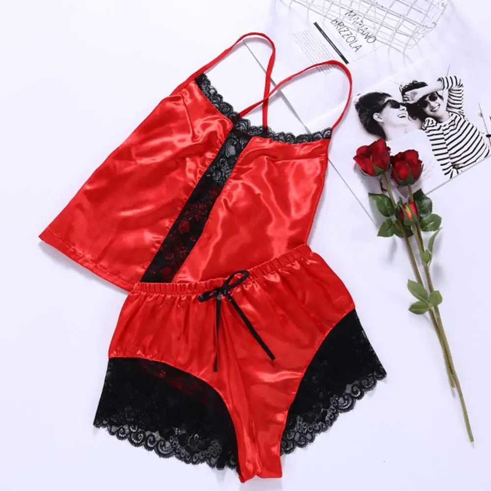 Пикантная Женская кружевная Пижама ночная рубашка Женский Топ без рукавов шорты