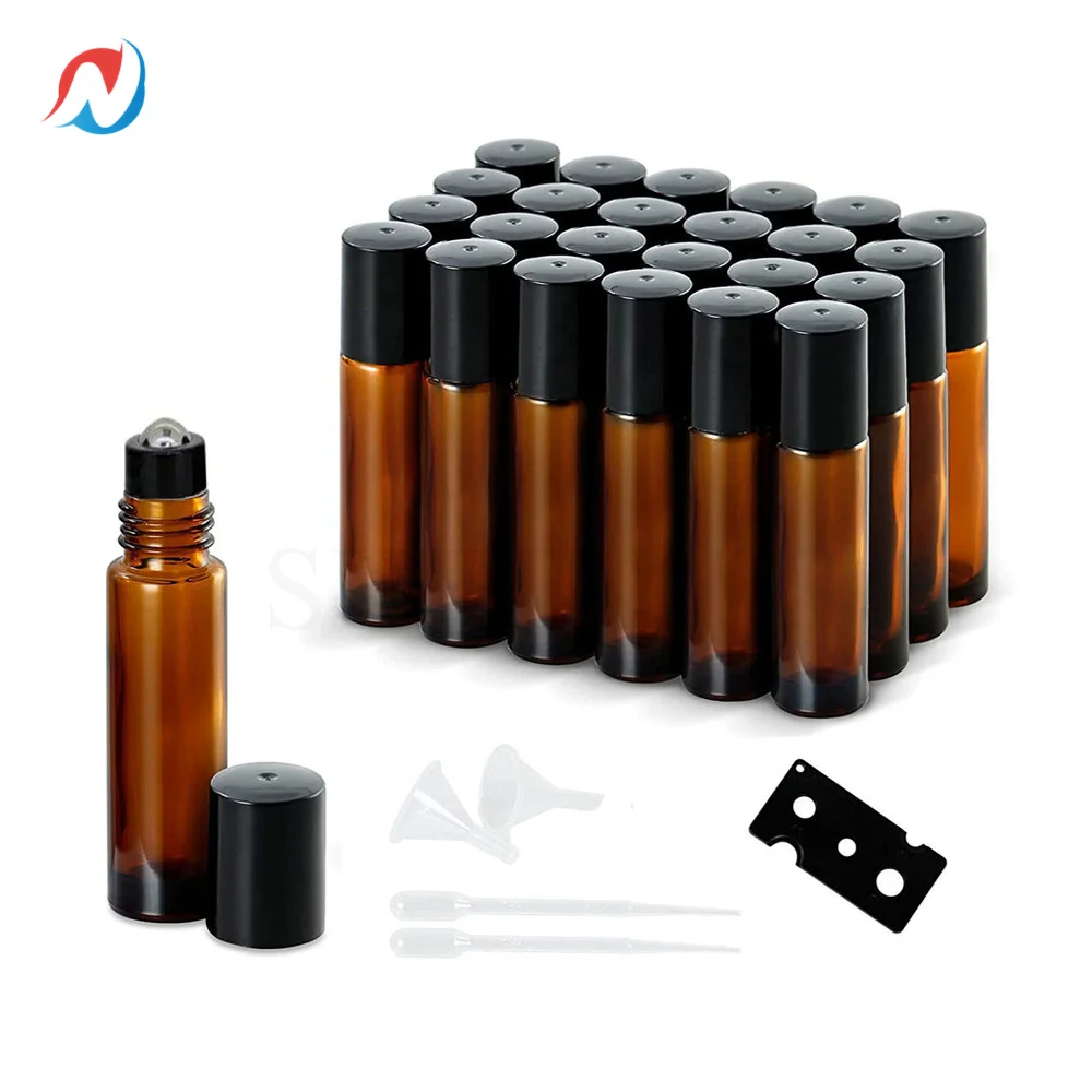 

Sheenirs 24pcs 10ml Updated Amber Glass Roll On Bottle Empty Vials Stainless Steel Metal Roller Ball Essential Oils Aromatherapy