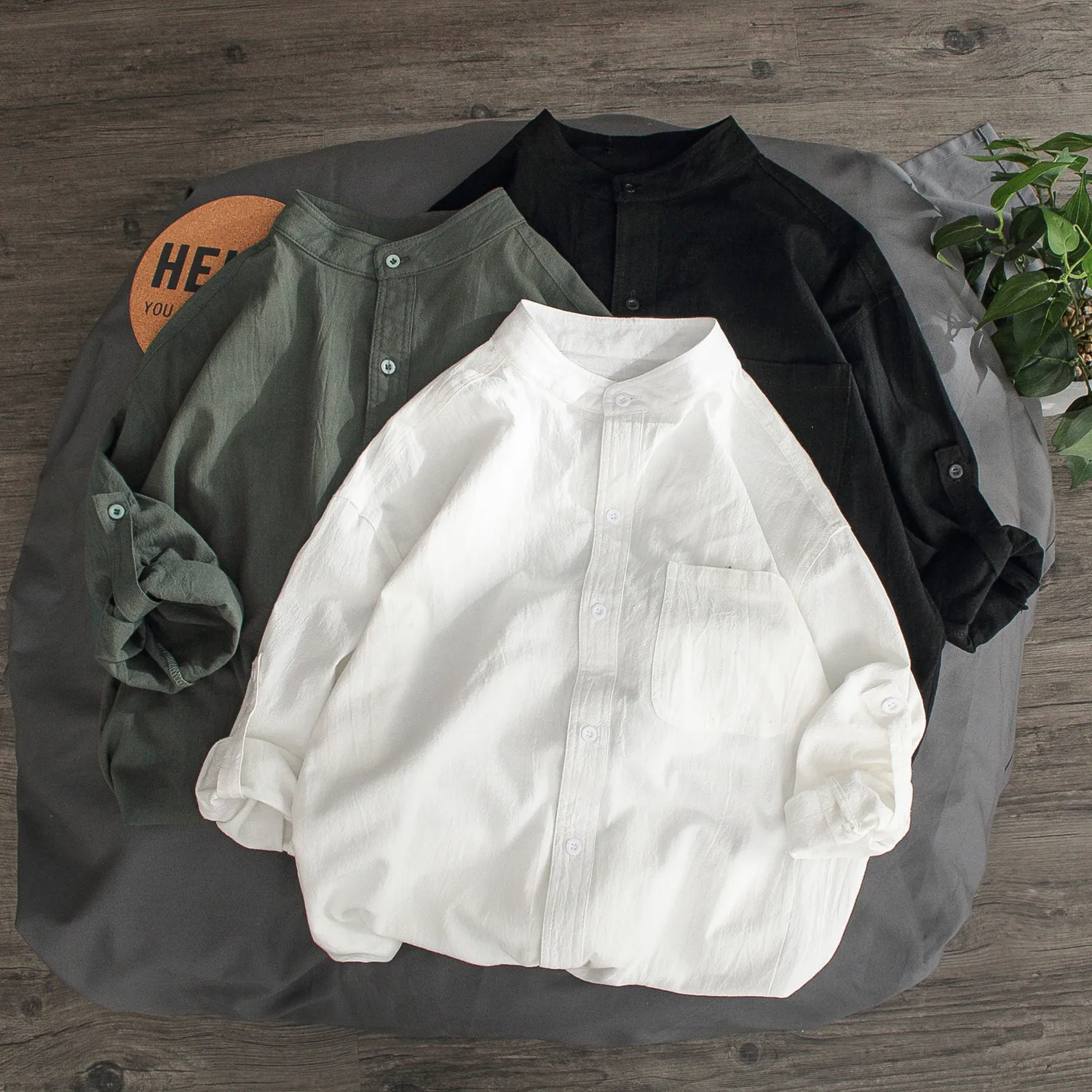 

2021 new men's Linen Shirt stand collar men's solid color long sleeve casual 100% cotton shirt top summer shirt