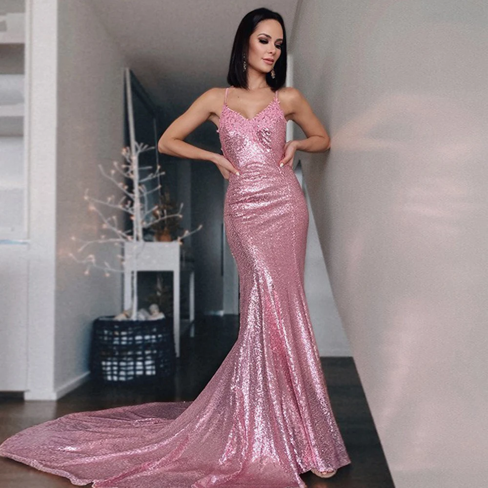 

Mermaid Sequins Evening Dresses Long Luxury 2021 Women Spaghetti Strap V-Neck Backless Prom Dress Pink Celebrity robes de soirée
