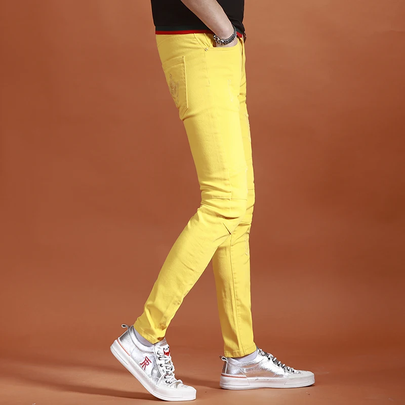 2023 New Yellow Jeans Men Fashion Slim Fit Straight Pants Summer Streetwear Thin Ripped Patch Denim Trousers