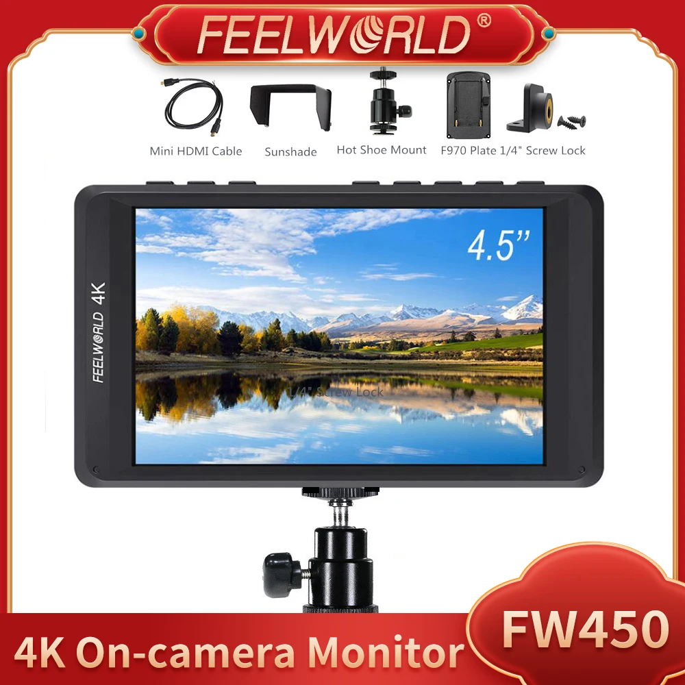 

FEELWORLD FW450 4.5"IPS 4K DSLR Camera Field Monitor with HDMI Input Output HD 1280x800 Portable LCD Monitor forCamera Stablizer