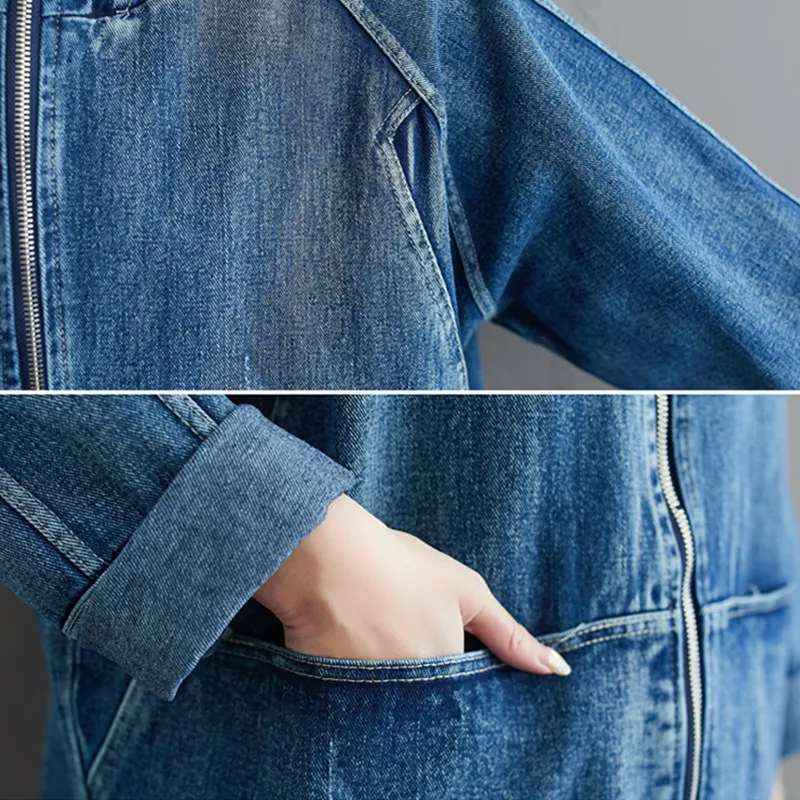 

Plus Size Embroidery Jeans Jacket Korean Long Sleeves Hooded Zipper Denim Jacket Women 2020 New Autumn Winter Windbreaker Female