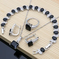 925 silver bridal jewelry black stone white cz jewelry sets for women wedding earringspendantnecklaceringsbracelet