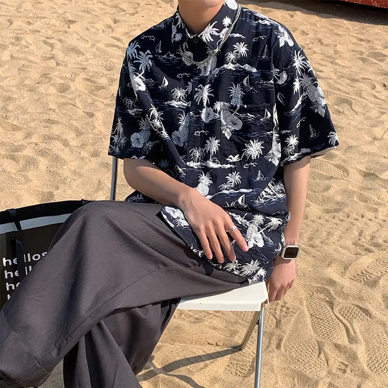 

Рубашка мужская с цветочным принтом, модная повседневная Уличная одежда, гавайская корейский стиль, свободная сорочка с коротким рукавом д...