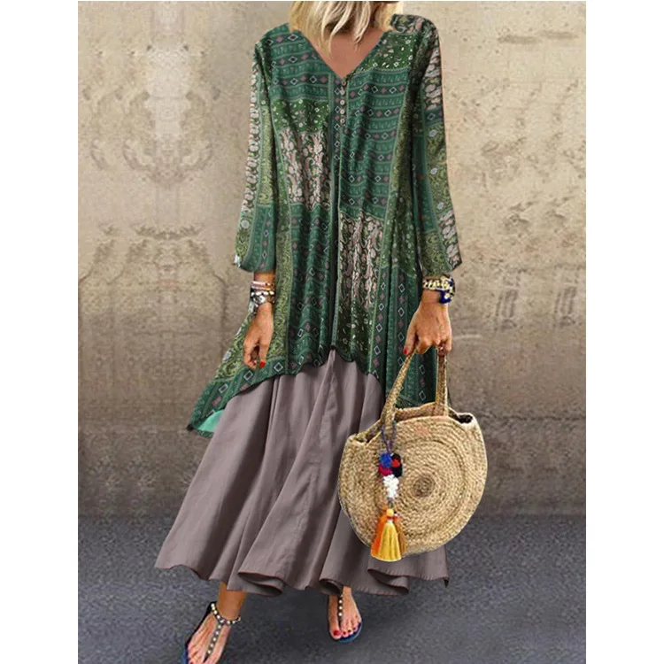2019 осень кафтан Винтаж Туника для женщин с v-образным вырезом на пуговицах в стиле